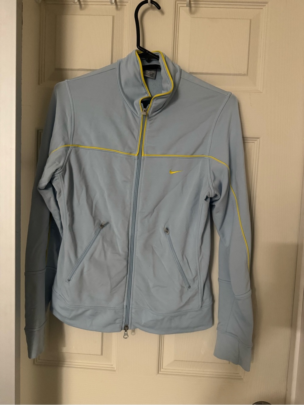 Nike Light Blue Women's Full-Zip Bomber Jacket with Yellow Piping